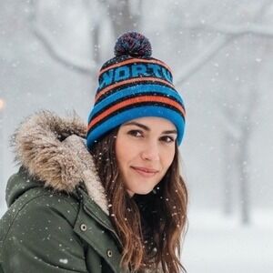 The North Face Beanie Hat Navy Blue Orange Striped Pom Pom Unisex One Size